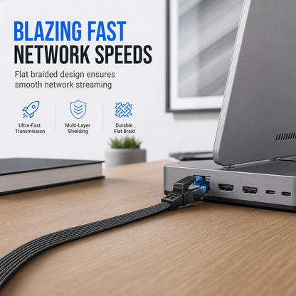 Cat8 Flat Ethernet Cable 40Gbps Shielded Black Braided Network Cord with Oxygen-Free Copper and Blue Connectors