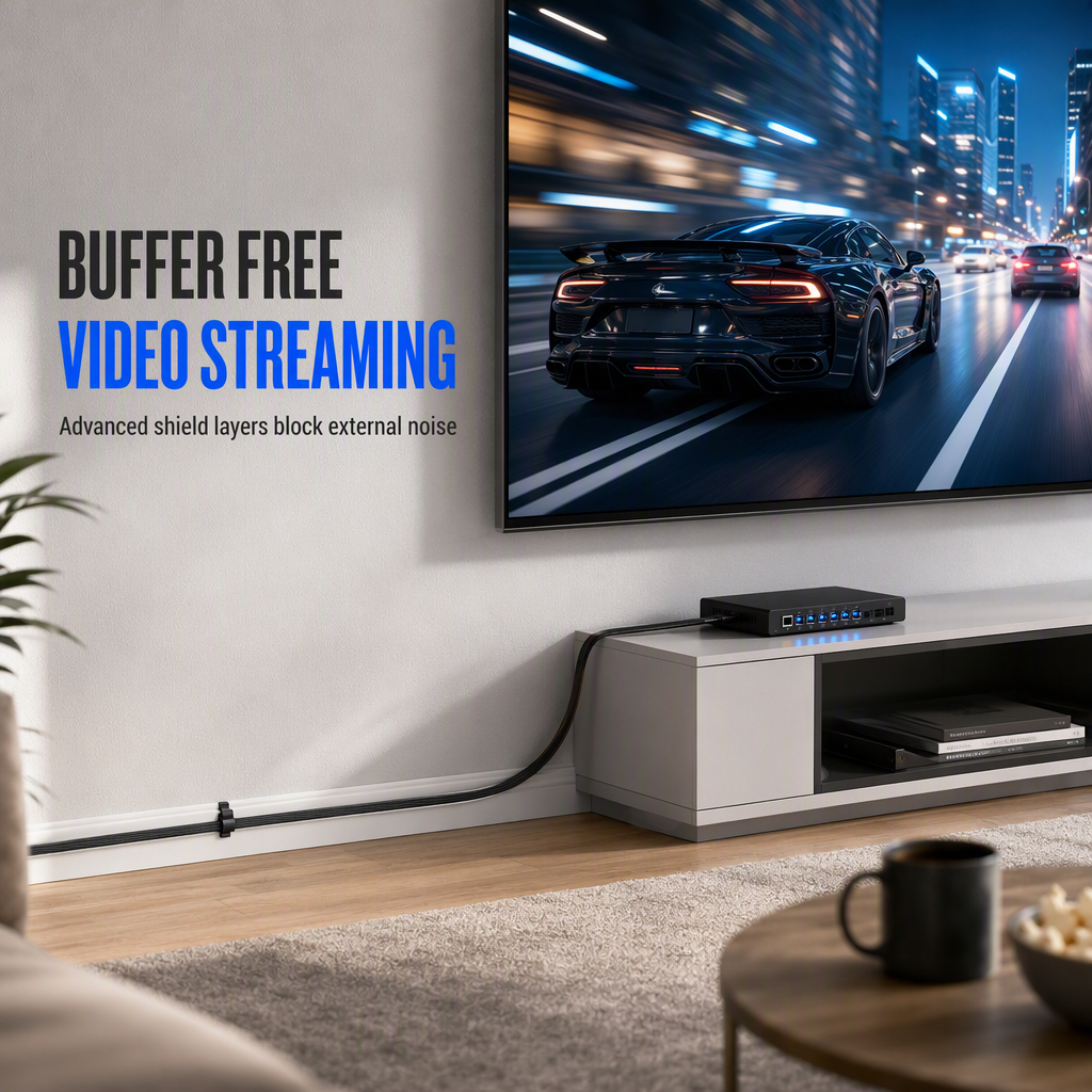 Cat8 Flat Ethernet Cable 40Gbps Shielded Black Braided Network Cord with Oxygen-Free Copper and Blue Connectors