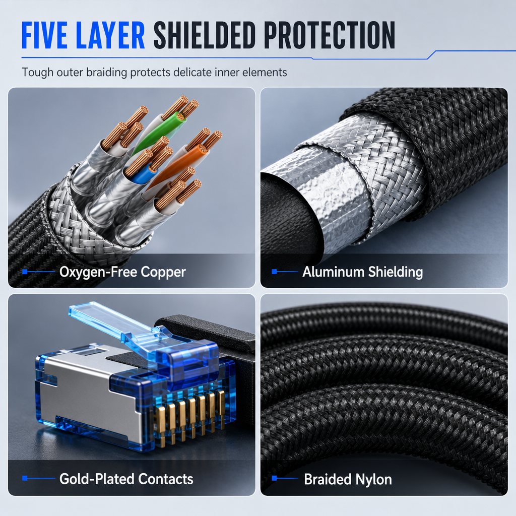 Cat8 Flat Ethernet Cable 40Gbps Shielded Black Braided Network Cord with Oxygen-Free Copper and Blue Connectors