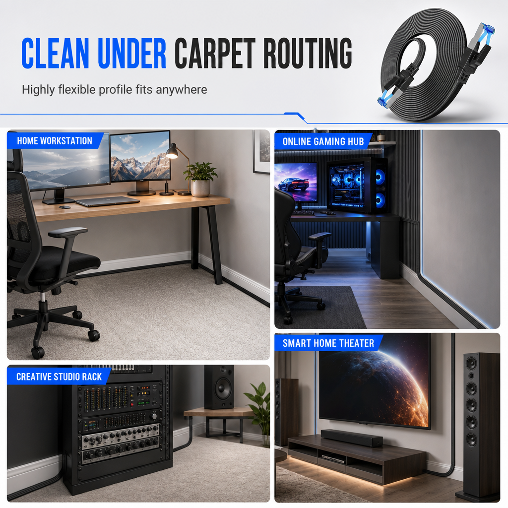 Cat8 Flat Ethernet Cable 40Gbps Shielded Black Braided Network Cord with Oxygen-Free Copper and Blue Connectors