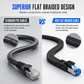 Cat8 Flat Ethernet Cable 40Gbps Shielded Black Braided Network Cord with Oxygen-Free Copper and Blue Connectors