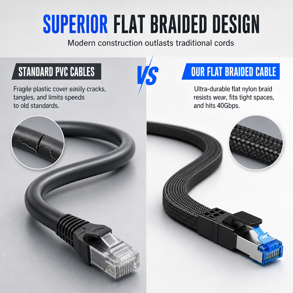 Cat8 Flat Ethernet Cable 40Gbps Shielded Black Braided Network Cord with Oxygen-Free Copper and Blue Connectors