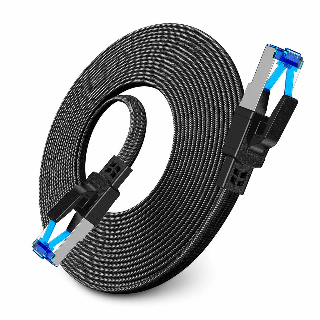 Cat8 Flat Ethernet Cable 40Gbps Shielded Black Braided Network Cord with Oxygen-Free Copper and Blue Connectors