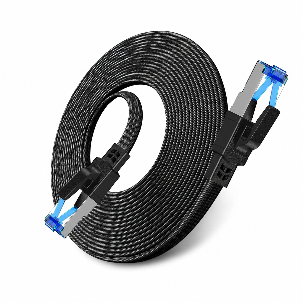 Cat8 Flat Ethernet Cable 40Gbps Shielded Black Braided Network Cord with Oxygen-Free Copper and Blue Connectors