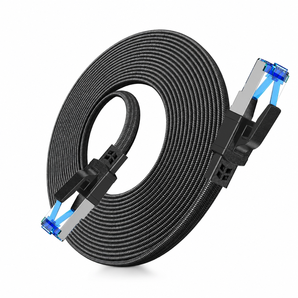 Cat8 Flat Ethernet Cable 40Gbps Shielded Black Braided Network Cord with Oxygen-Free Copper and Blue Connectors