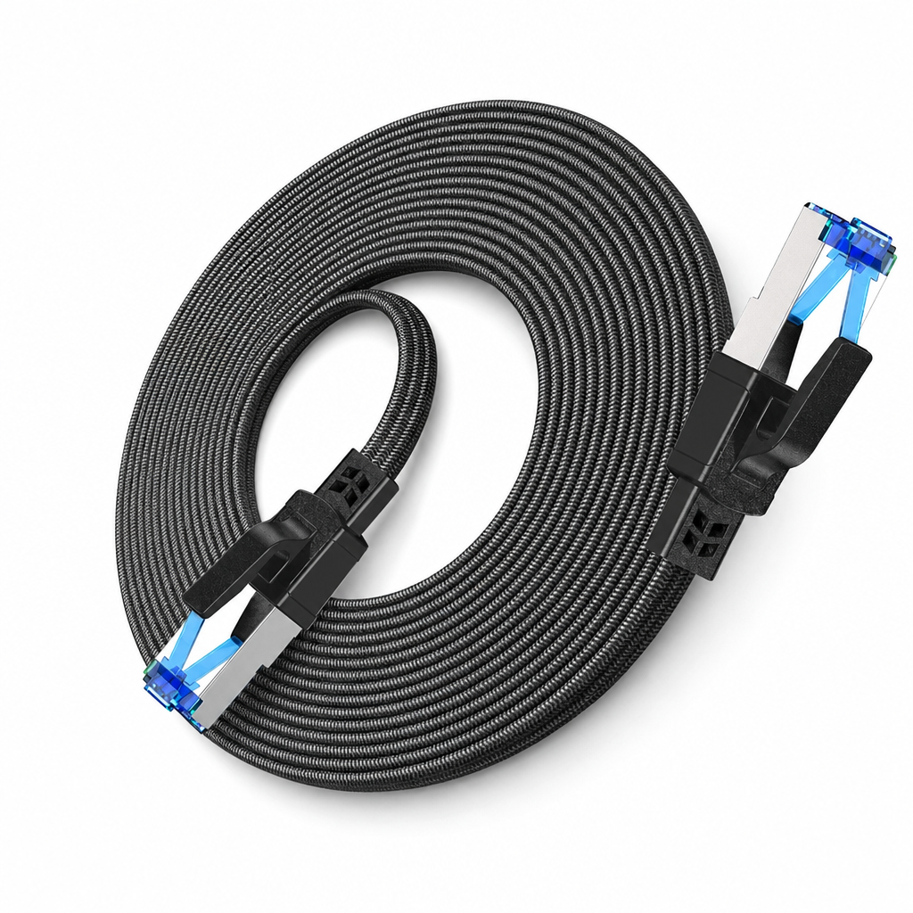 Cat8 Flat Ethernet Cable 40Gbps Shielded Black Braided Network Cord with Oxygen-Free Copper and Blue Connectors
