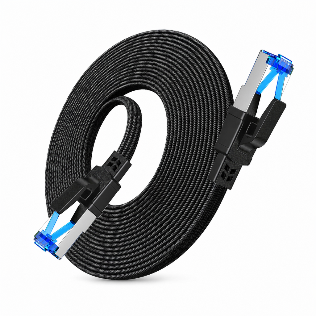 Cat8 Flat Ethernet Cable 40Gbps Shielded Black Braided Network Cord with Oxygen-Free Copper and Blue Connectors