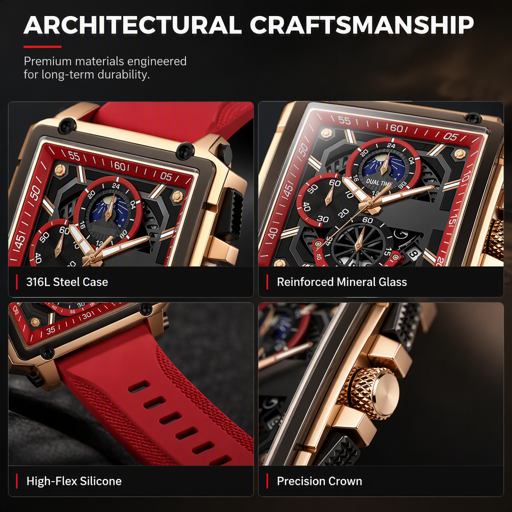 Men's Square Quartz Watch with Silicone Strap Hollow Dial and Calendar Business Casual Wristwatch