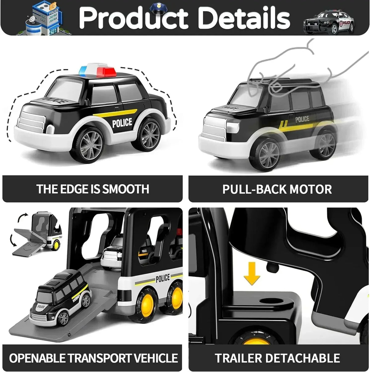 Police Truck Toys Toddlers 7 in 1 Truck Friction Power Toy Car Christmas Birthday Gifts for Boys & Girls 3-5 Years Old