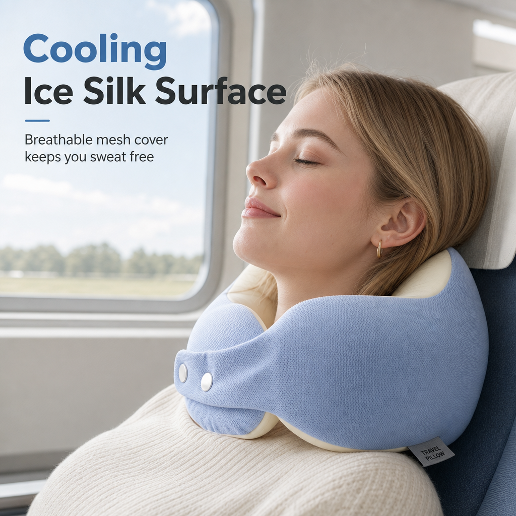 ⏳🔥LIMITED-TIME 50% OFF! ⏰Memory Foam U-Shaped Travel Neck Pillow with Ice Silk Cover and Magnetic Buckle for Portable Neck Support