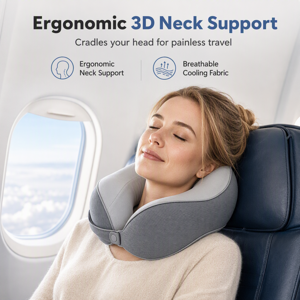 ⏳🔥LIMITED-TIME 50% OFF! ⏰Memory Foam U-Shaped Travel Neck Pillow with Ice Silk Cover and Magnetic Buckle for Portable Neck Support