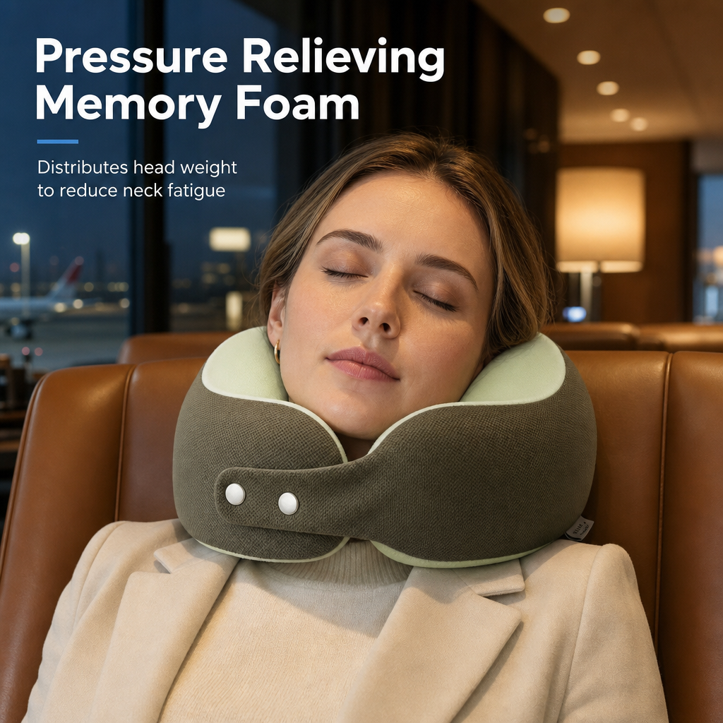 ⏳🔥LIMITED-TIME 50% OFF! ⏰Memory Foam U-Shaped Travel Neck Pillow with Ice Silk Cover and Magnetic Buckle for Portable Neck Support