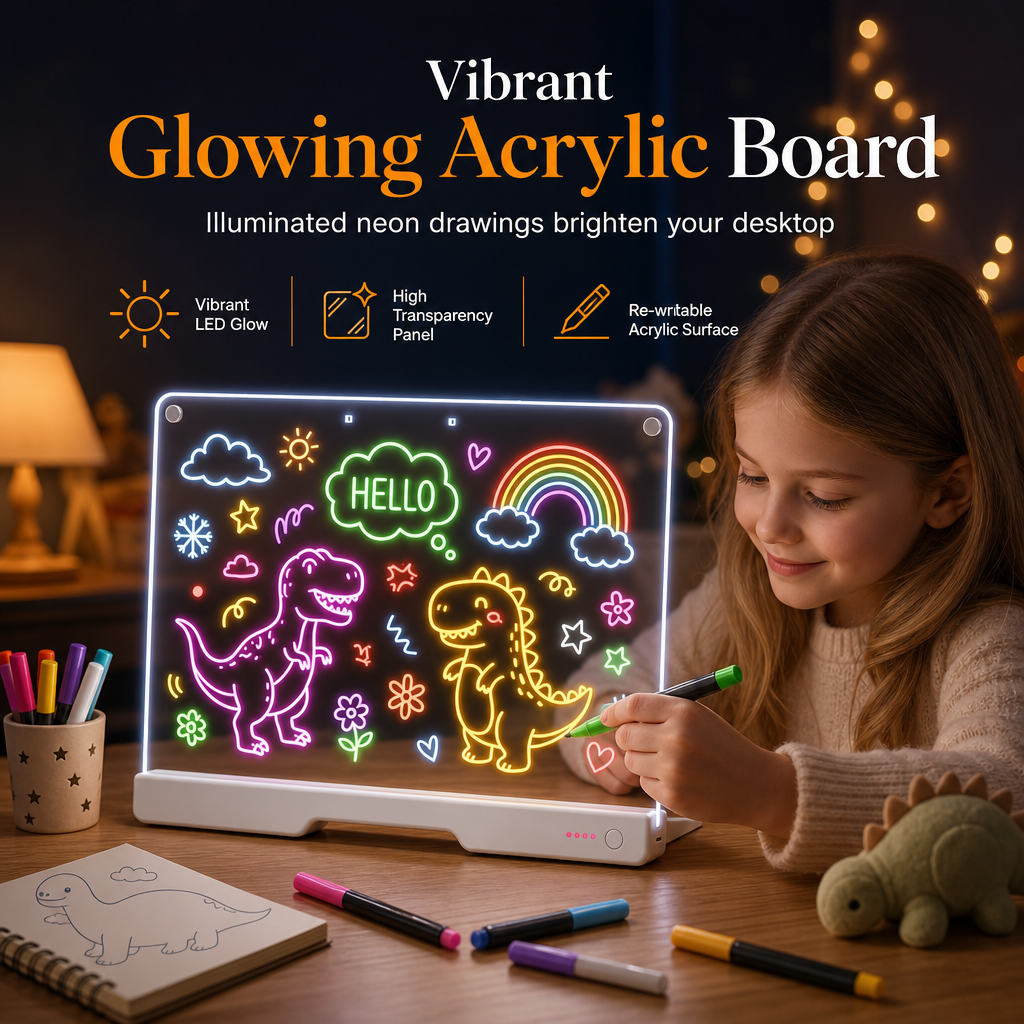 Rechargeable LED Acrylic Message Board with 7 Fluorescent Pens 30x20cm Light Up Drawing and Writing Pad for Kids DIY Doodle