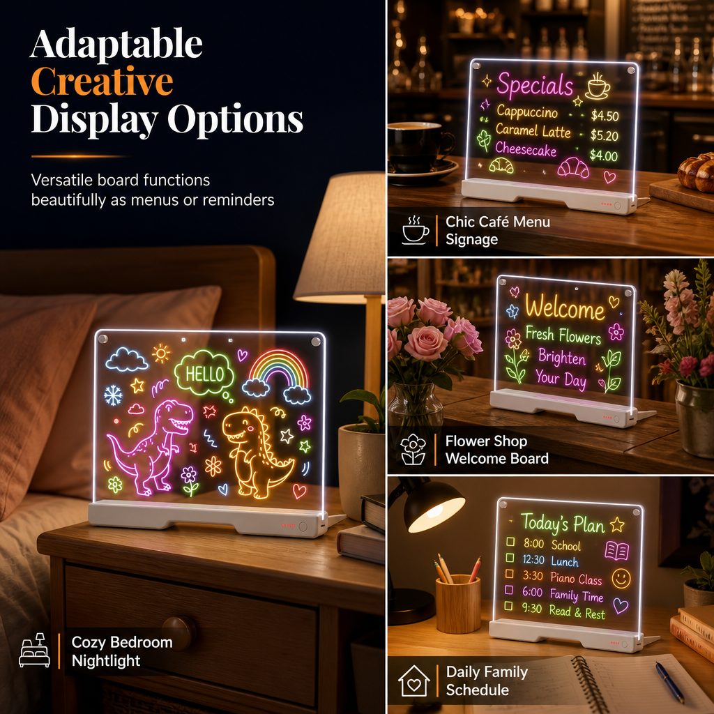 Rechargeable LED Acrylic Message Board with 7 Fluorescent Pens 30x20cm Light Up Drawing and Writing Pad for Kids DIY Doodle