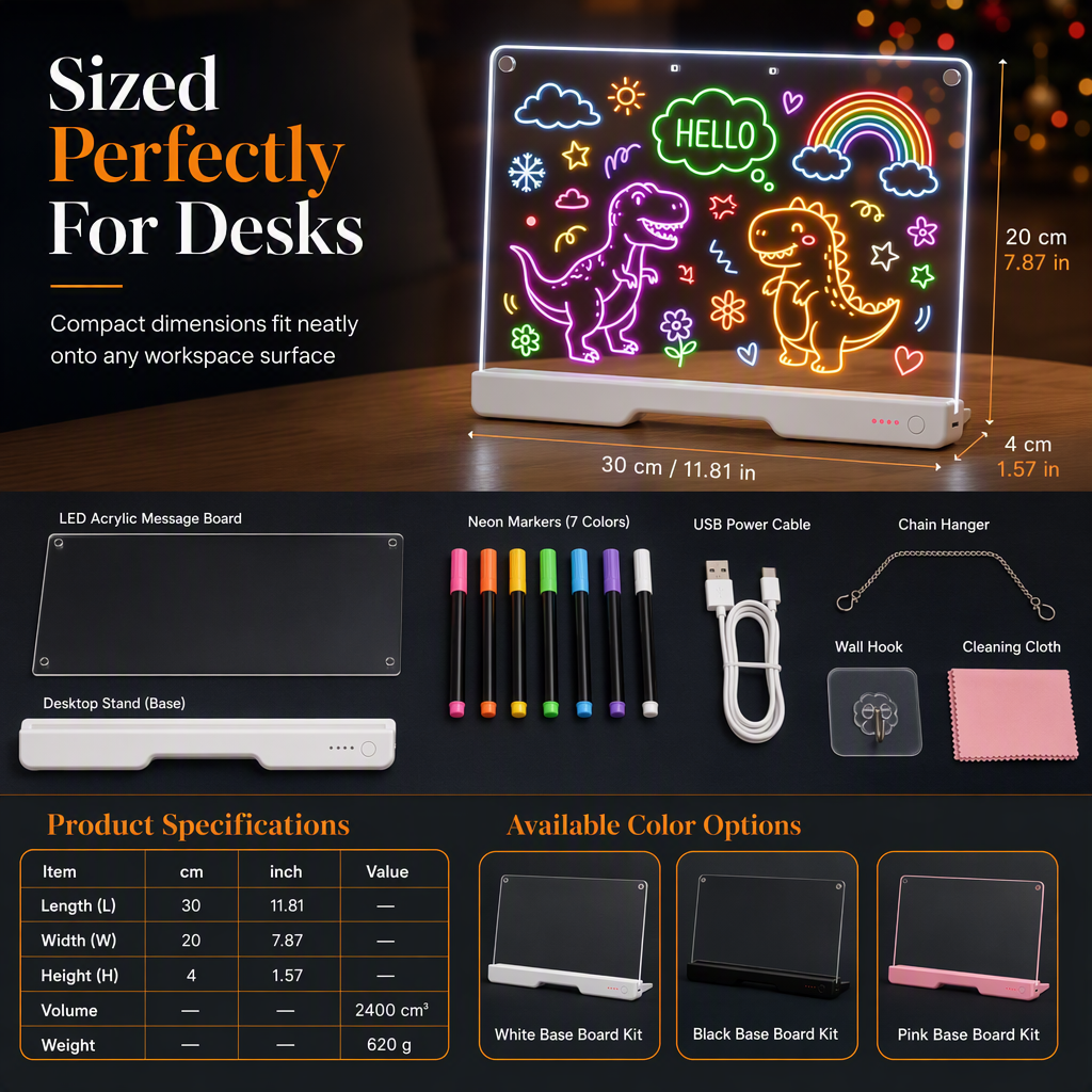 Rechargeable LED Acrylic Message Board with 7 Fluorescent Pens 30x20cm Light Up Drawing and Writing Pad for Kids DIY Doodle