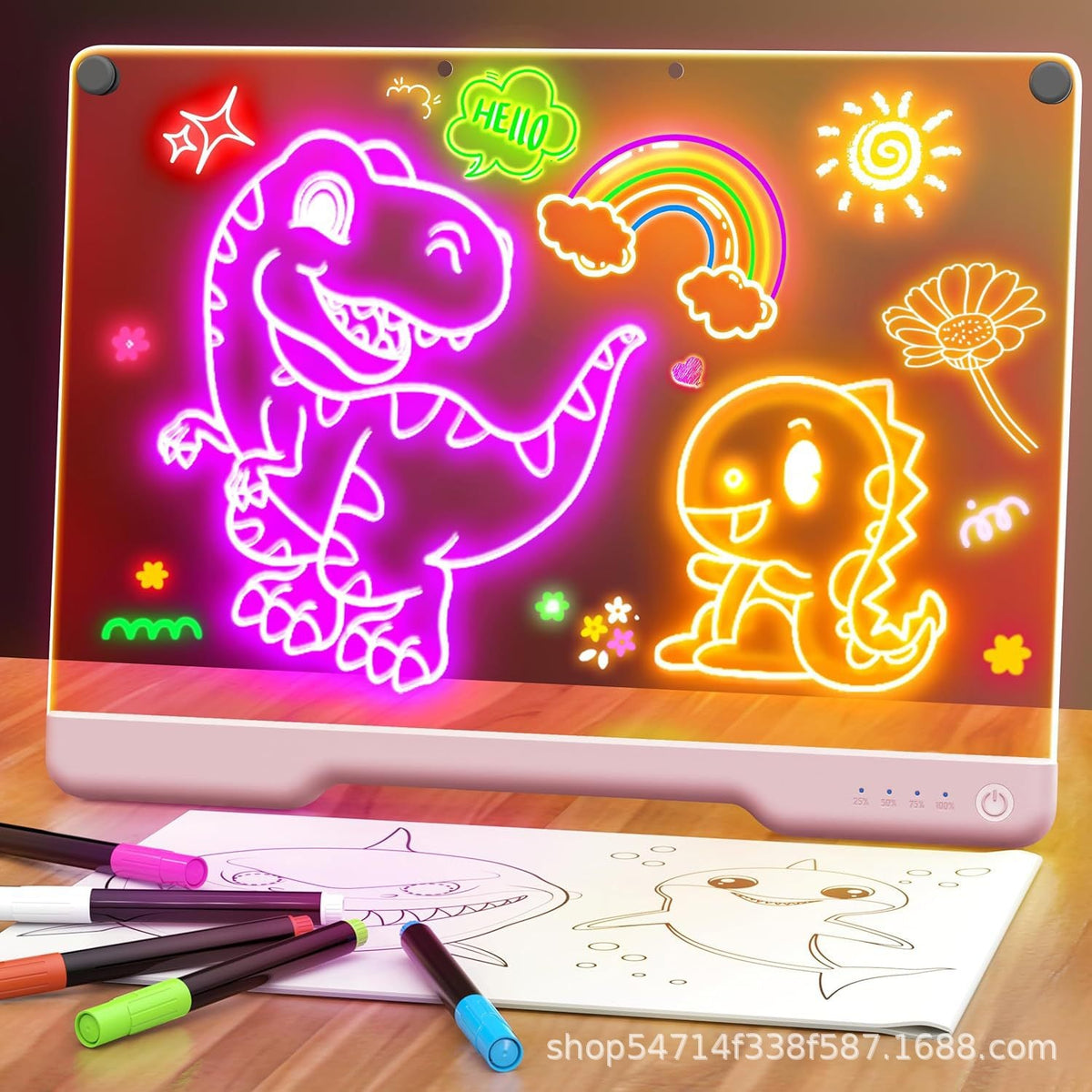 Rechargeable LED Acrylic Message Board with 7 Fluorescent Pens 30x20cm Light Up Drawing and Writing Pad for Kids DIY Doodle
