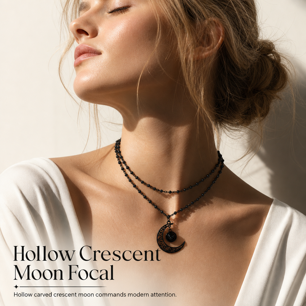 🎁New Arrivals 50% OFF💥Gothic Dark Crystal Beaded Chain Necklace with Hollow Out Moon Alloy Pendant