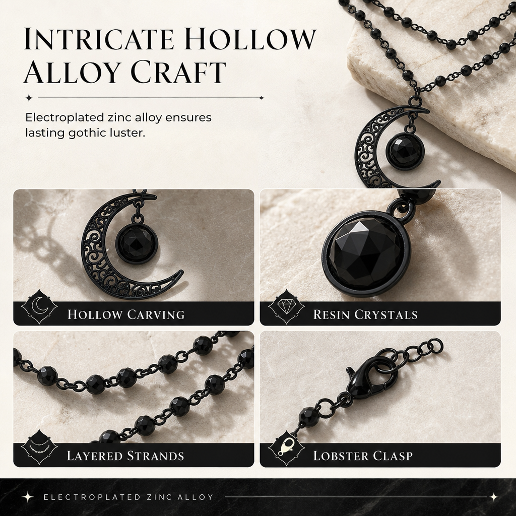 🎁New Arrivals 50% OFF💥Gothic Dark Crystal Beaded Chain Necklace with Hollow Out Moon Alloy Pendant