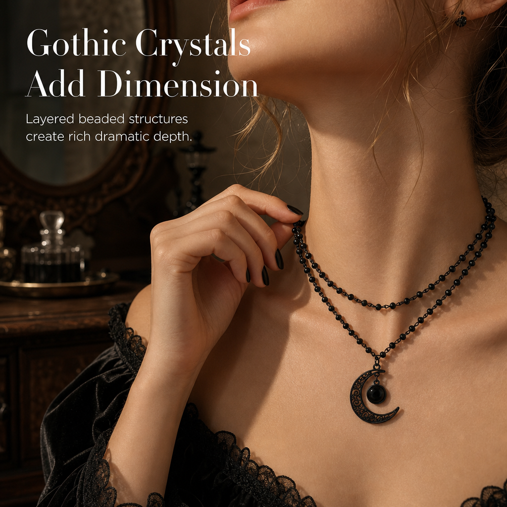 🎁New Arrivals 50% OFF💥Gothic Dark Crystal Beaded Chain Necklace with Hollow Out Moon Alloy Pendant