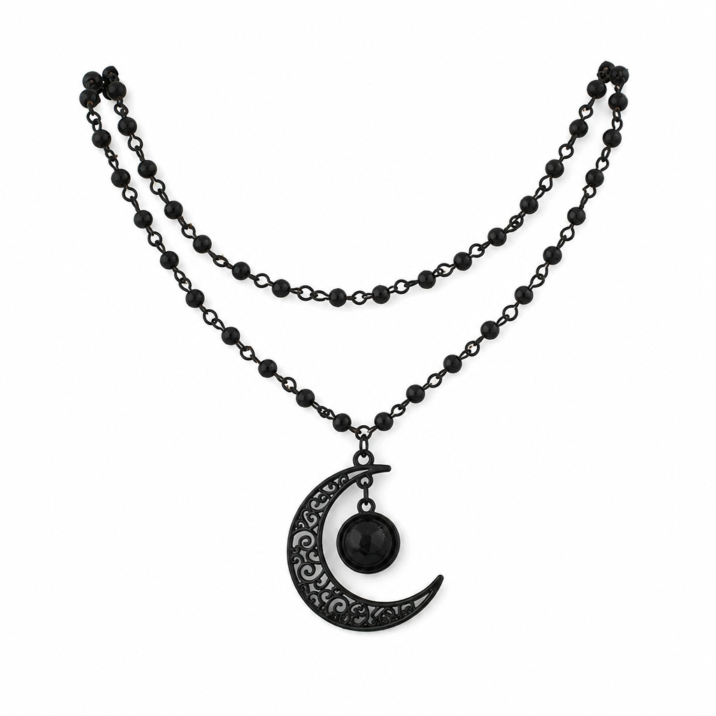 🎁New Arrivals 50% OFF💥Gothic Dark Crystal Beaded Chain Necklace with Hollow Out Moon Alloy Pendant