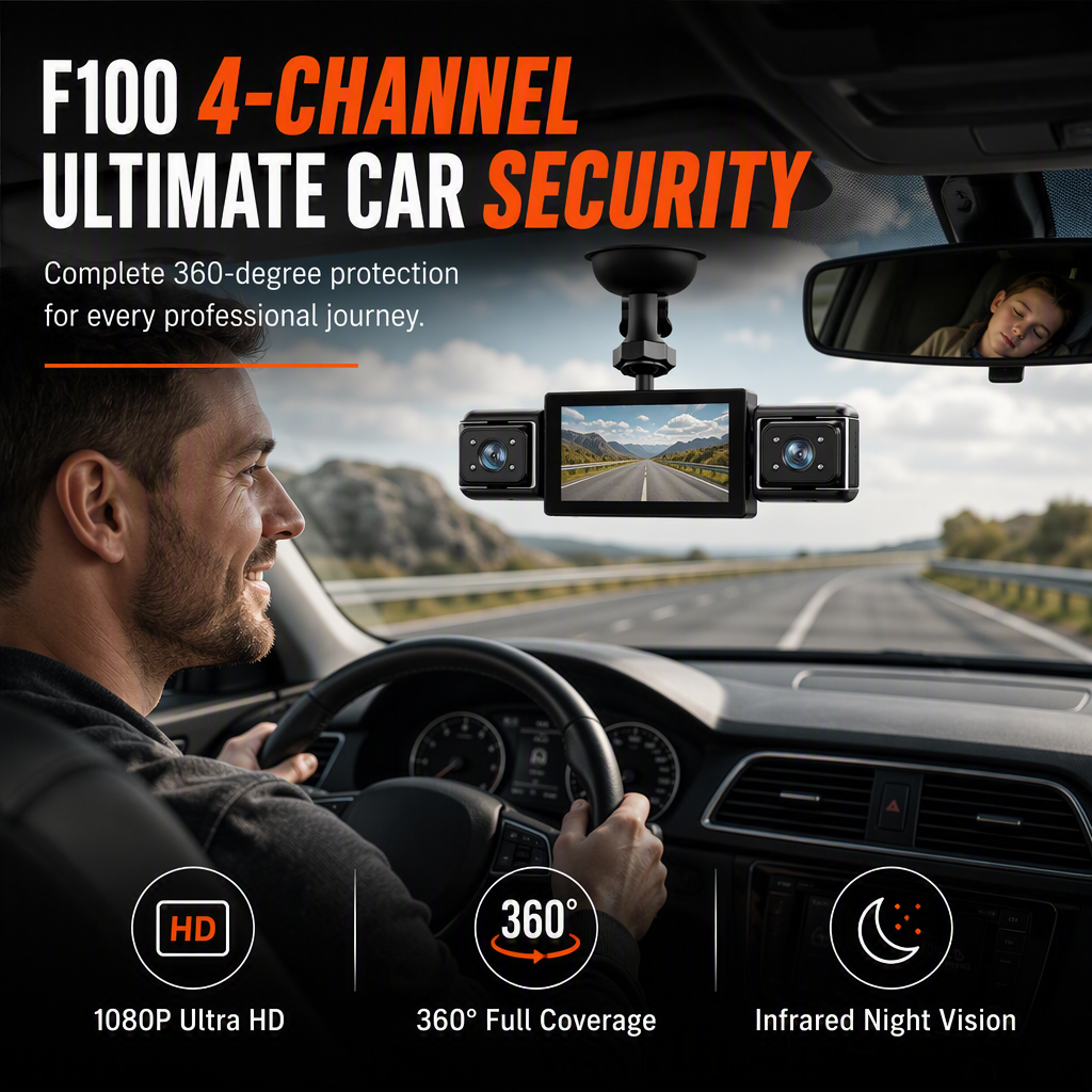 🚗📹F100 4-Lens Car Dash Cam 1080P HD – Infrared Night Vision & GPS Sync Recording