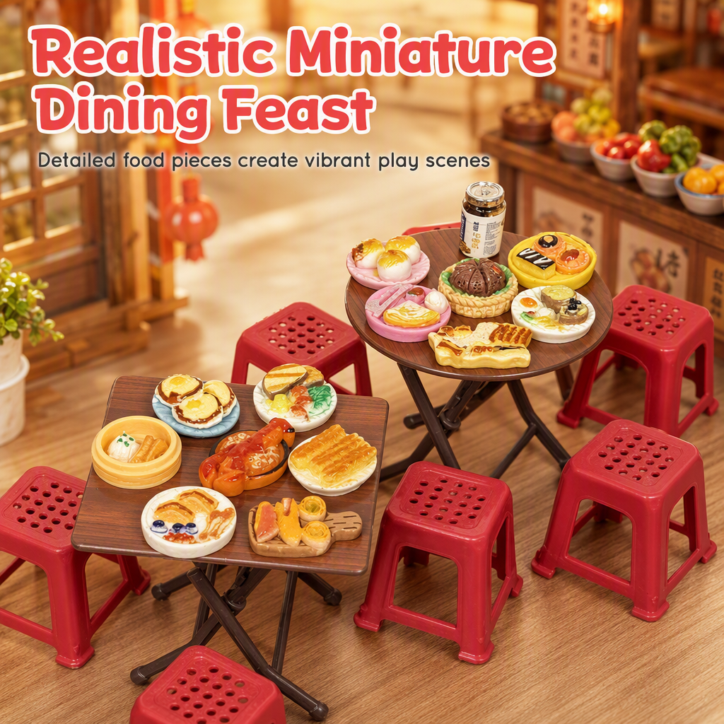 🏠 50% OFF! ✨ Miniature Folding Table & Chair Toy Set – Retro Wood-Grain Scale Models, Realistic Simulated Play Food & Space-Saving Foldable Design – Perfect Dollhouse Pretend Play for Kids 🍽️