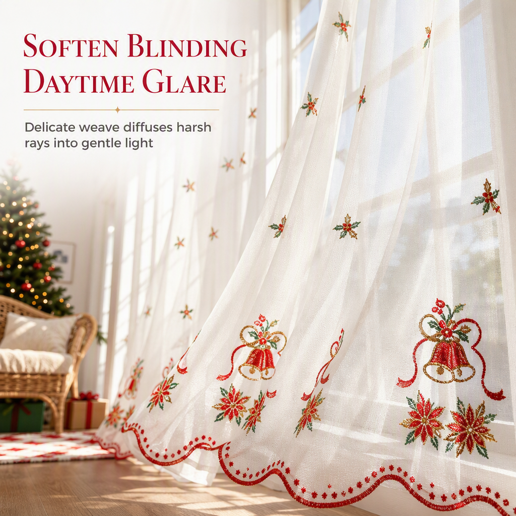 Christmas Embroidered Sheer Window Curtain Panel with Snowflake and Bell Patterns