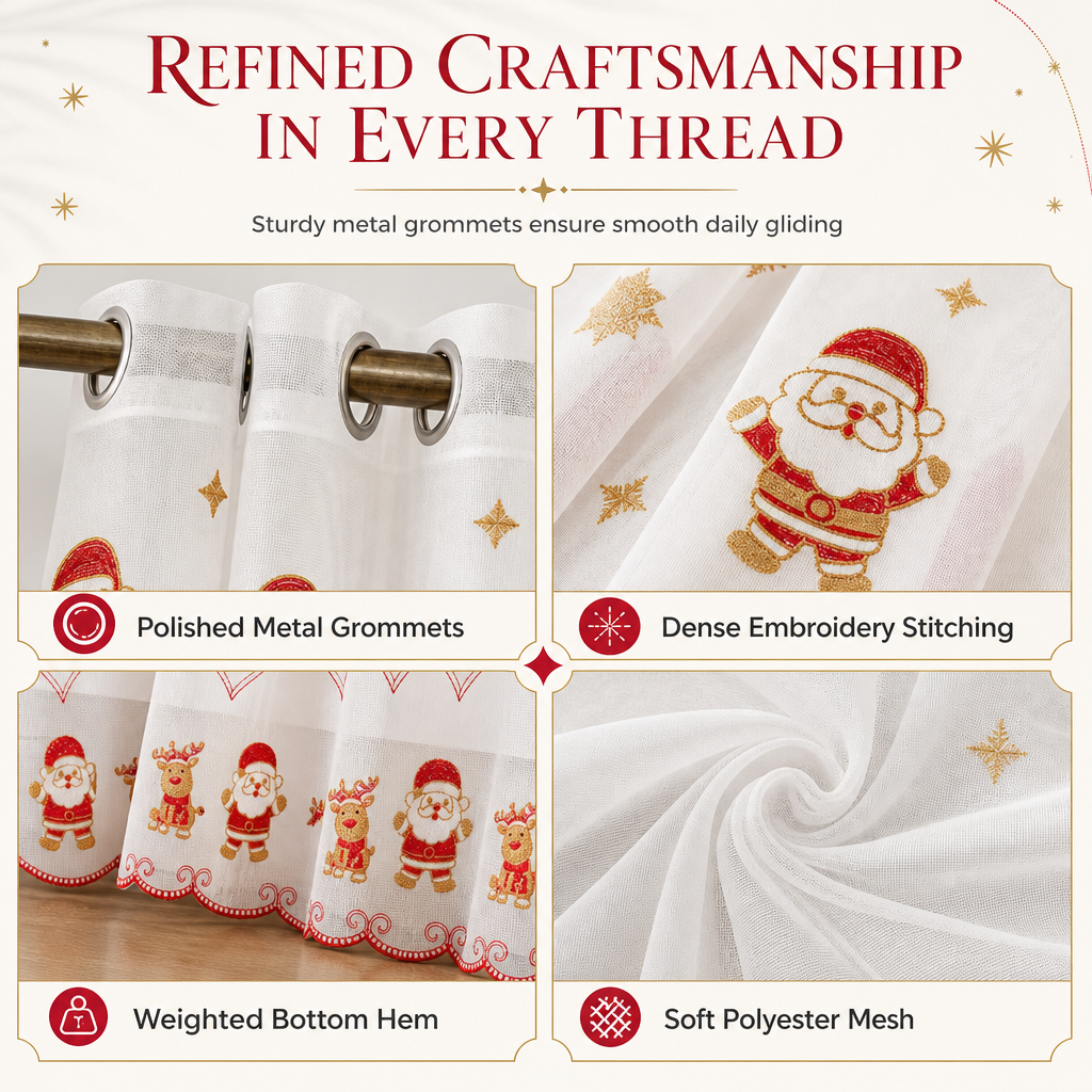 Christmas Embroidered Sheer Window Curtain Panel with Snowflake and Bell Patterns