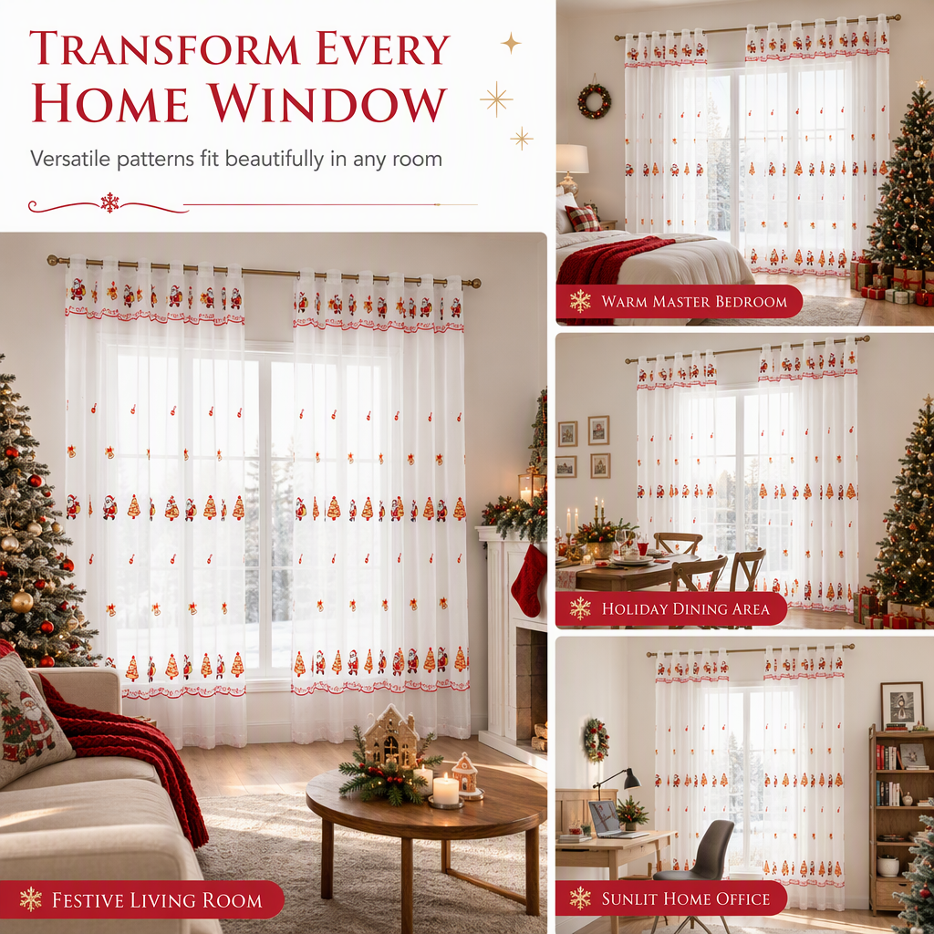 Christmas Embroidered Sheer Window Curtain Panel with Snowflake and Bell Patterns