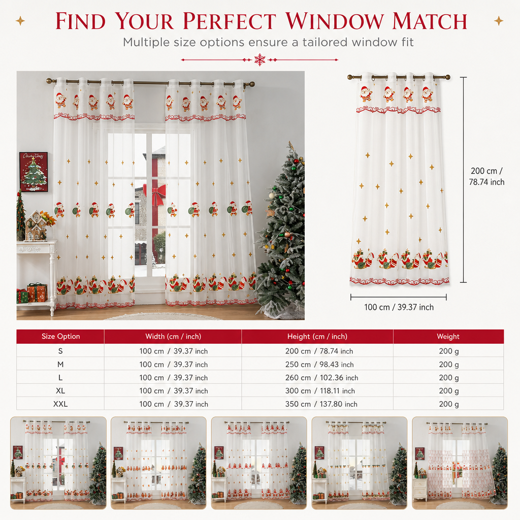 Christmas Embroidered Sheer Window Curtain Panel with Snowflake and Bell Patterns