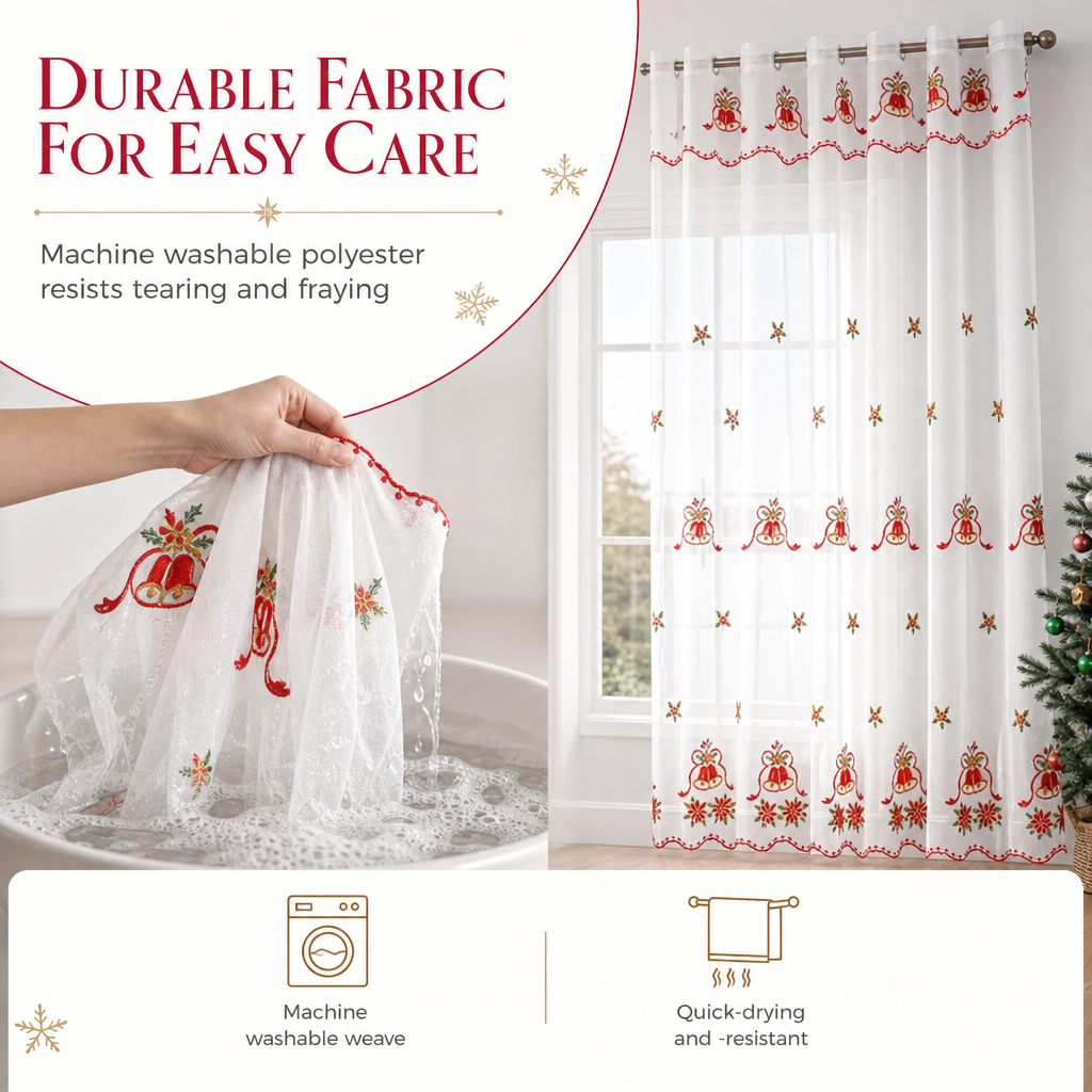 Christmas Embroidered Sheer Window Curtain Panel with Snowflake and Bell Patterns