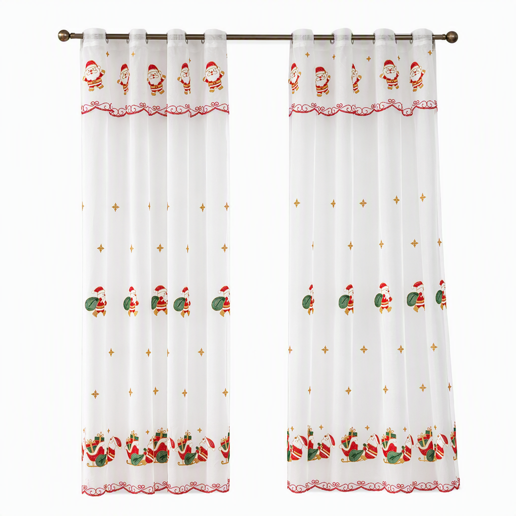 Christmas Embroidered Sheer Window Curtain Panel with Snowflake and Bell Patterns