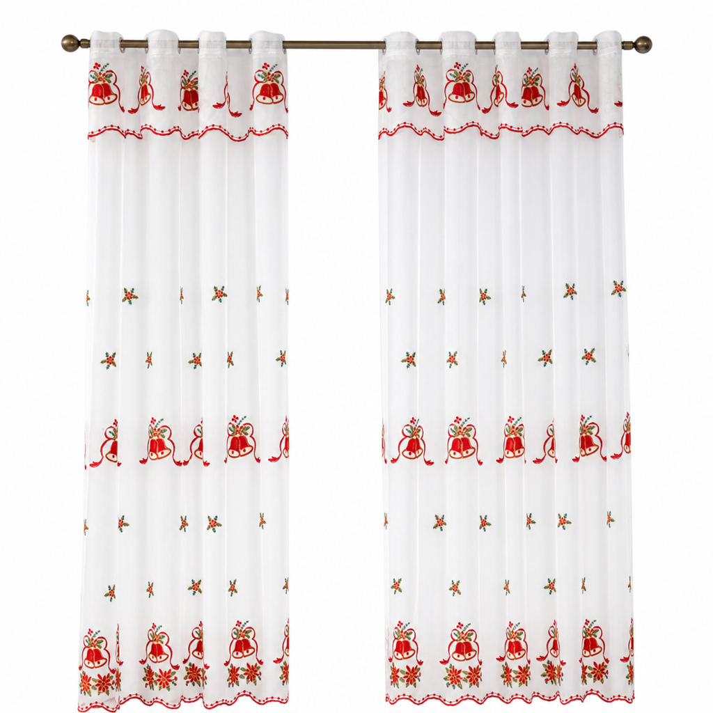 Christmas Embroidered Sheer Window Curtain Panel with Snowflake and Bell Patterns