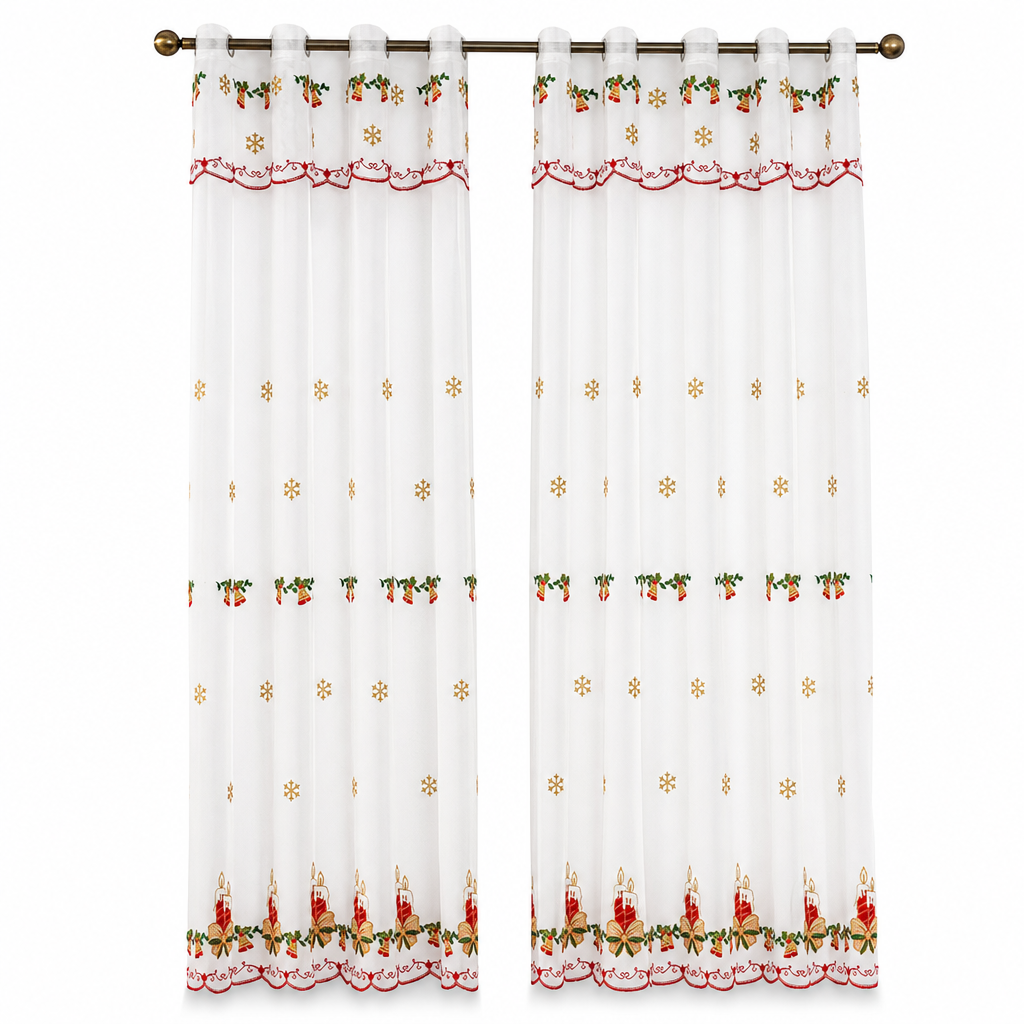 Christmas Embroidered Sheer Window Curtain Panel with Snowflake and Bell Patterns