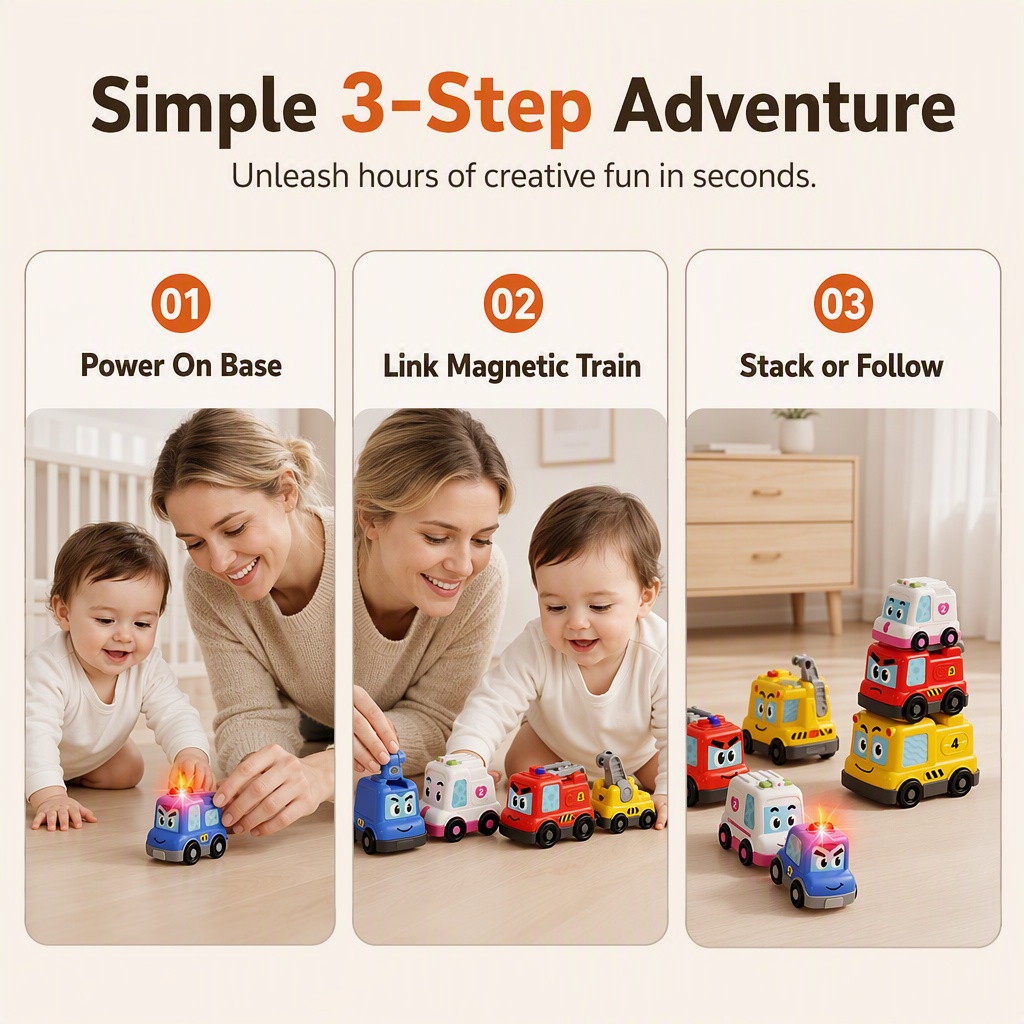4-Piece Magnetic Electric Toy Car Set with Sound and Light Cartoon Stacking and Crawling Cars for Babies and Toddlers
