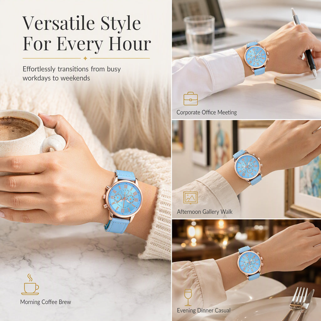 Simple Women's Quartz Watch with Leather Strap and Three-Eye Dial