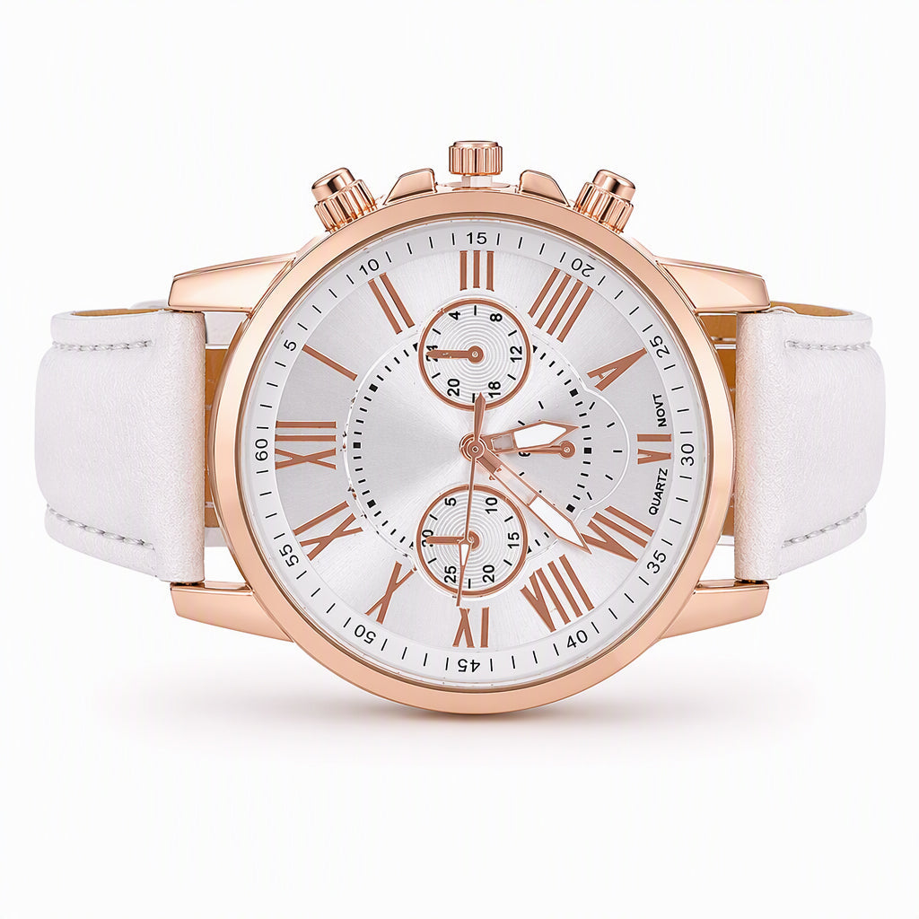Simple Women's Quartz Watch with Leather Strap and Three-Eye Dial