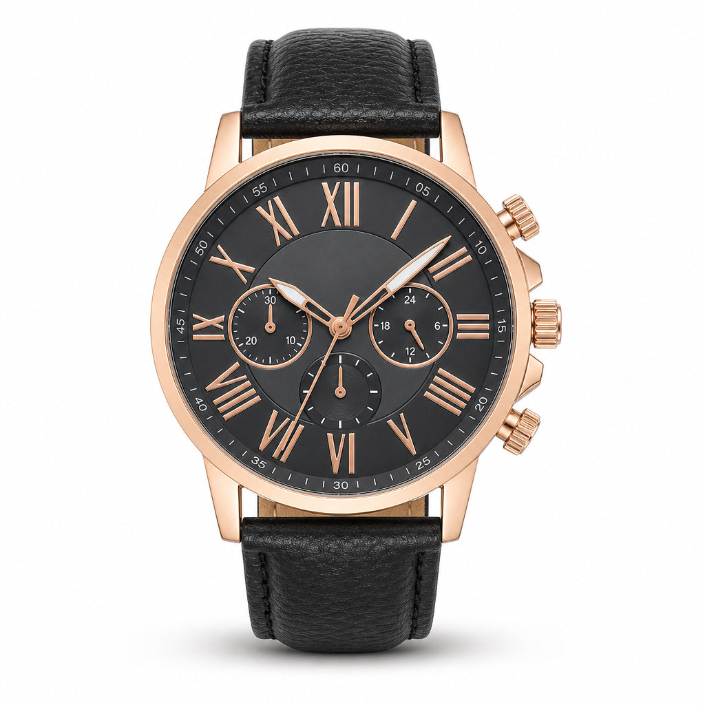 Simple Women's Quartz Watch with Leather Strap and Three-Eye Dial
