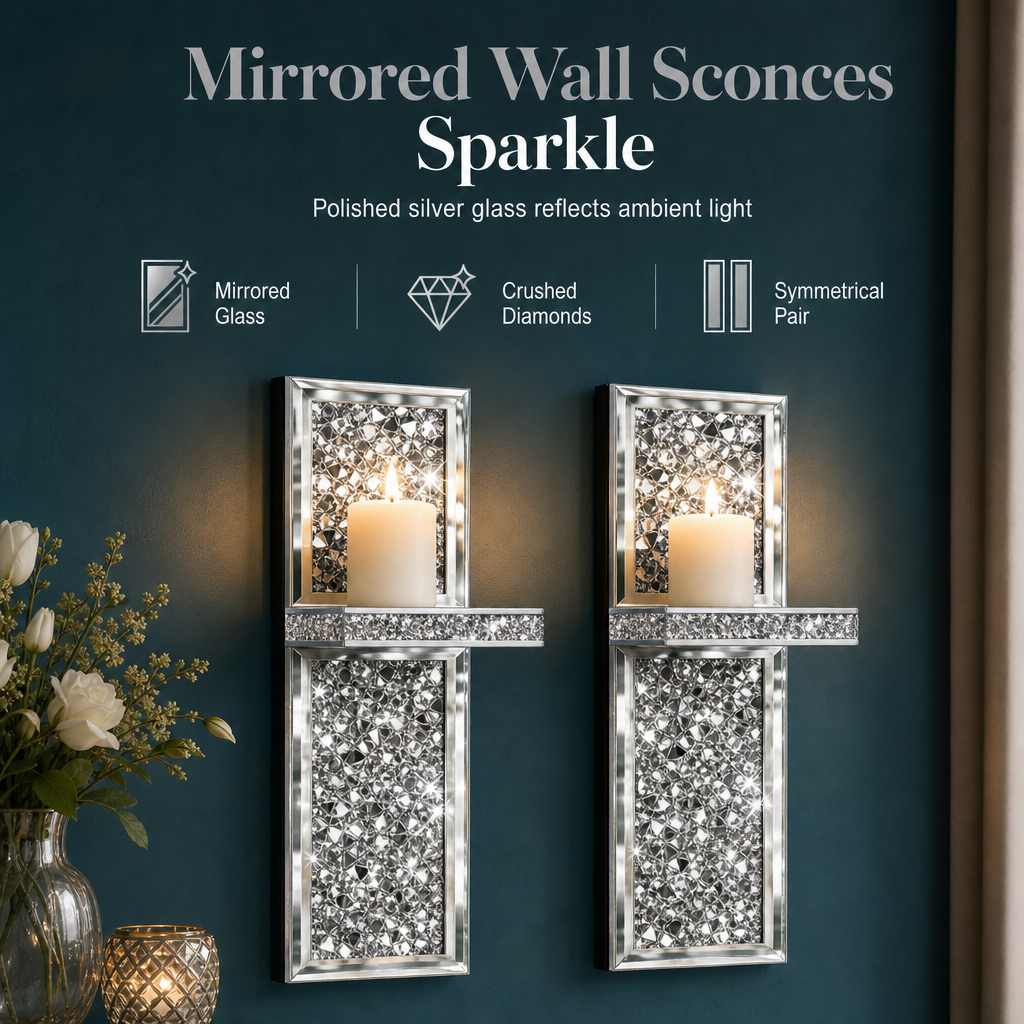 Set of 2 Silver Mirrored Crystal Candle Holders with Acrylic Crushed Diamonds for Living Room Dining Room Home Decor