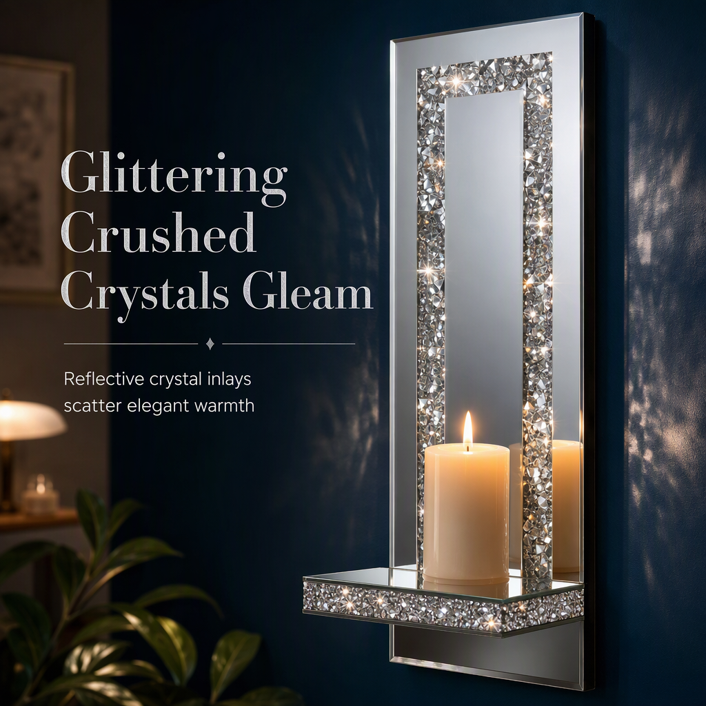 Set of 2 Silver Mirrored Crystal Candle Holders with Acrylic Crushed Diamonds for Living Room Dining Room Home Decor