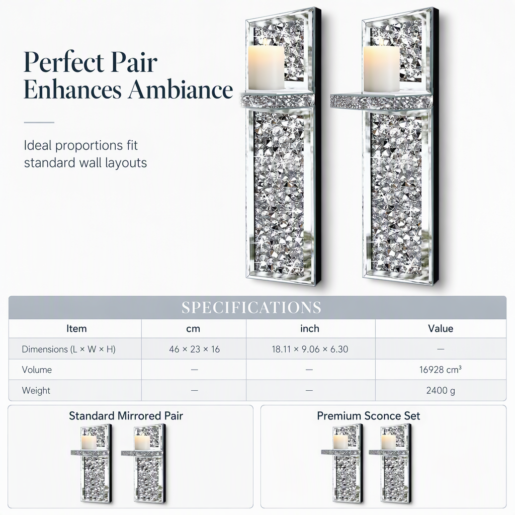 Set of 2 Silver Mirrored Crystal Candle Holders with Acrylic Crushed Diamonds for Living Room Dining Room Home Decor