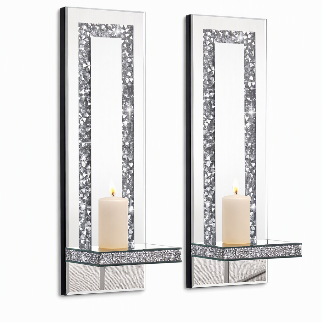 Set of 2 Silver Mirrored Crystal Candle Holders with Acrylic Crushed Diamonds for Living Room Dining Room Home Decor