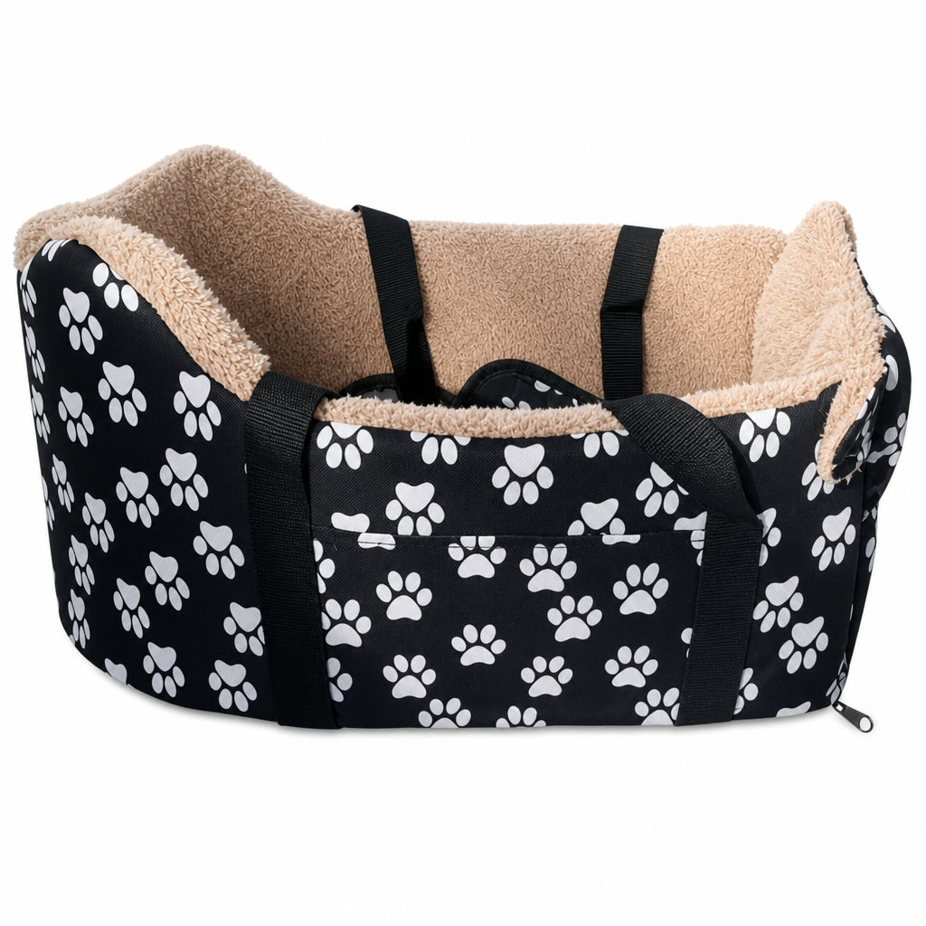 Portable Warm Plush Cat Carrier Bag and Car Travel Bed with Paw Print Anti-Collapse Design for Outdoor Travel