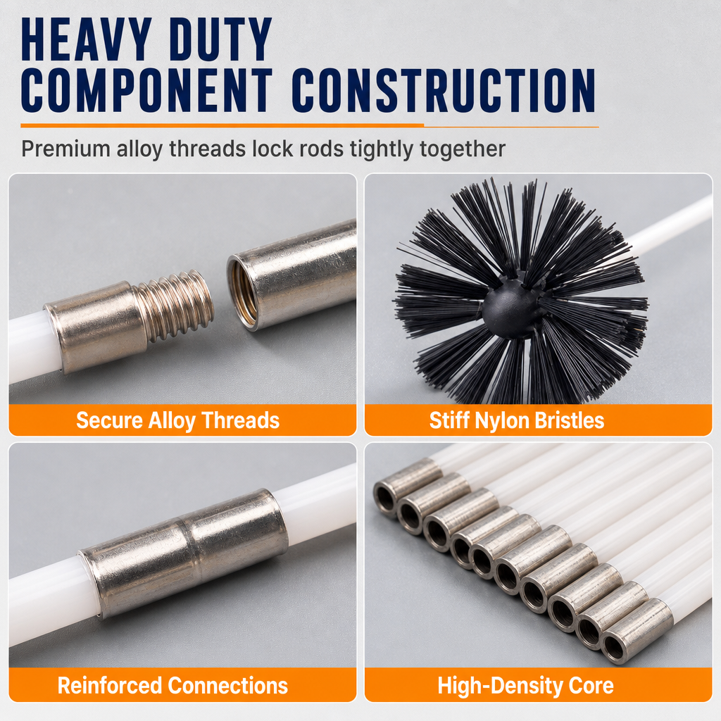 Rotary Chimney and Dryer Duct Cleaning Brush Kit with Flexible Rods and Nylon Brush Head for Boiler and Pipe Cleaning