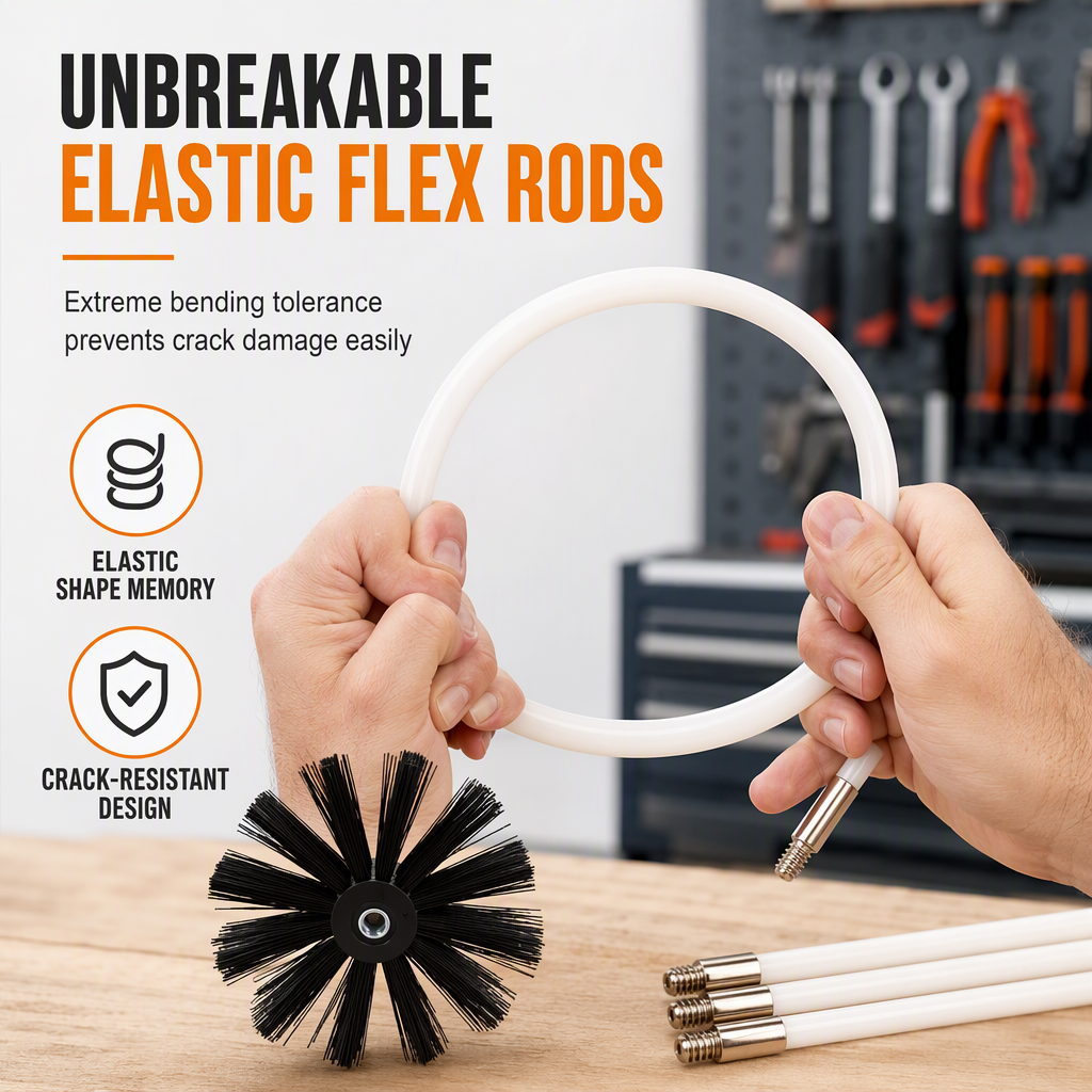 Rotary Chimney and Dryer Duct Cleaning Brush Kit with Flexible Rods and Nylon Brush Head for Boiler and Pipe Cleaning