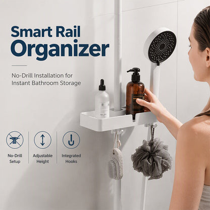 🚿 Adjustable Shower Riser Rail Storage Rack – No-Drill Clamp-On Organizer for Shampoo & Soap ✨