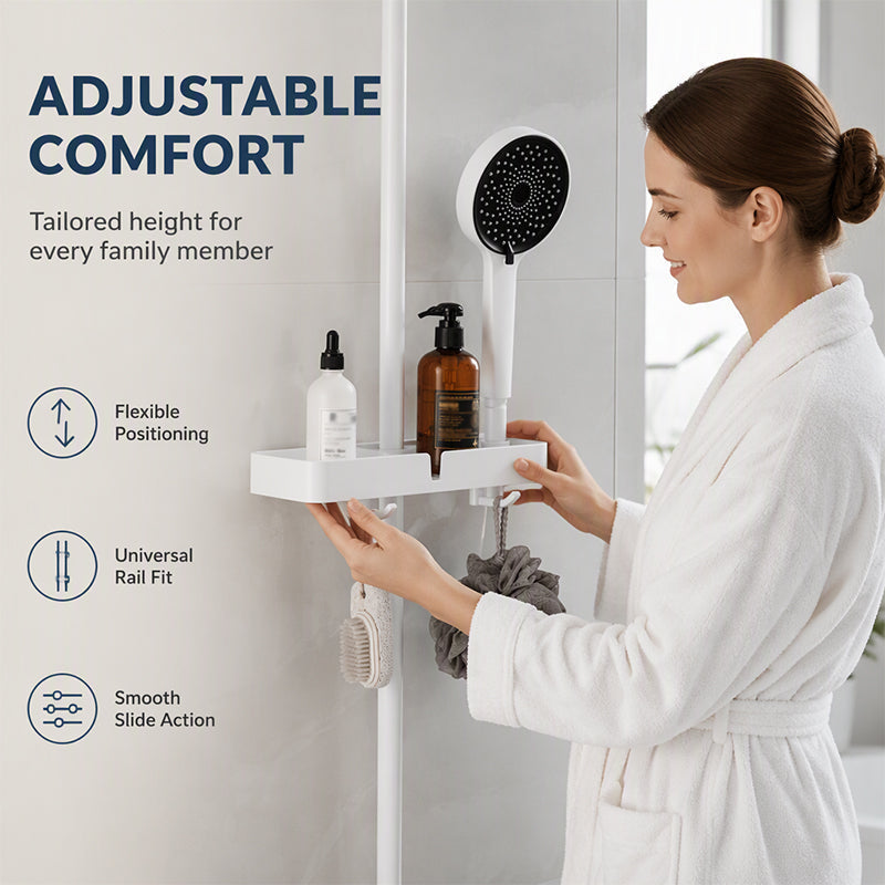 🚿 Adjustable Shower Riser Rail Storage Rack – No-Drill Clamp-On Organizer for Shampoo & Soap ✨