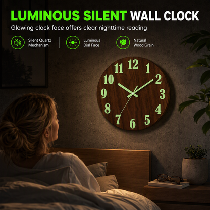 ⏳🔥LIMITED-TIME 50% OFF! ⏰12-Inch Silent Wooden Wall Clock – Luminous Glow & MDF Wood Grain✨