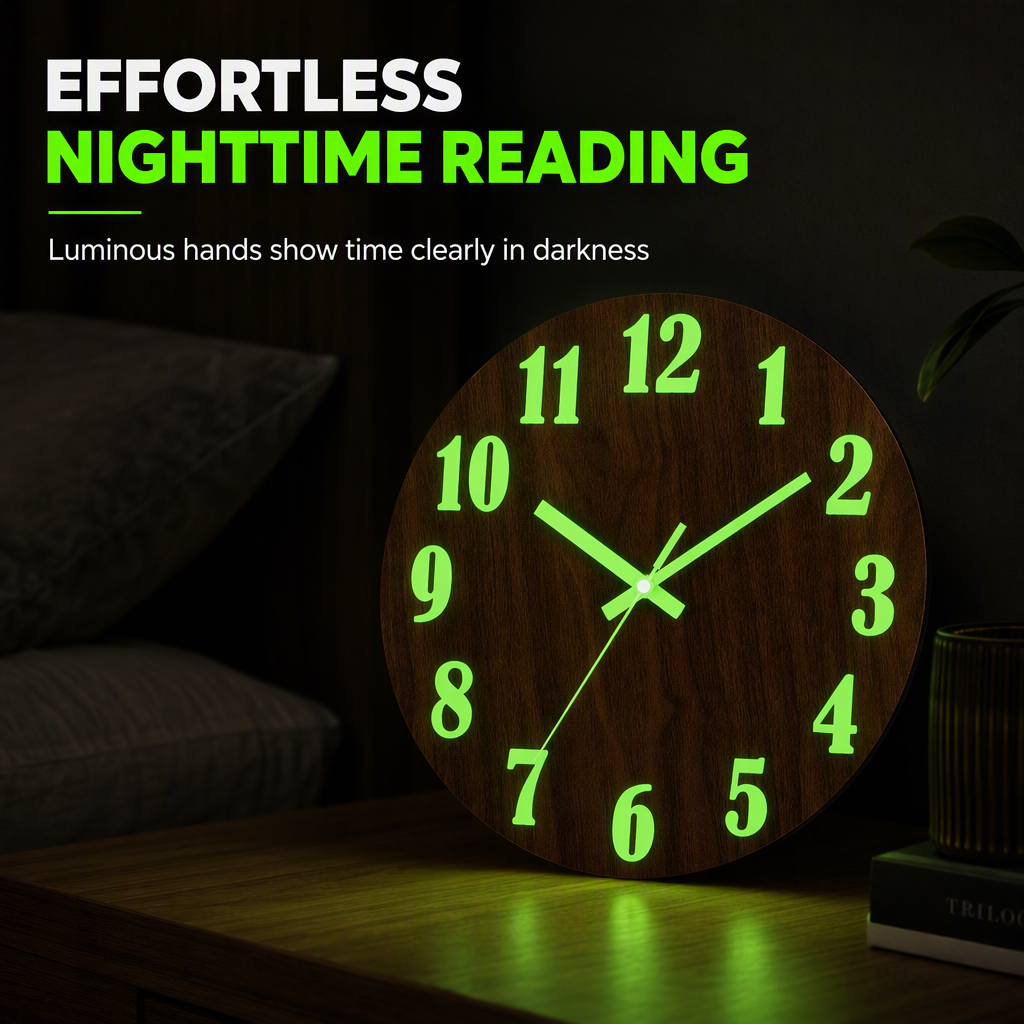 ⏳🔥LIMITED-TIME 50% OFF! ⏰12-Inch Silent Wooden Wall Clock – Luminous Glow & MDF Wood Grain✨