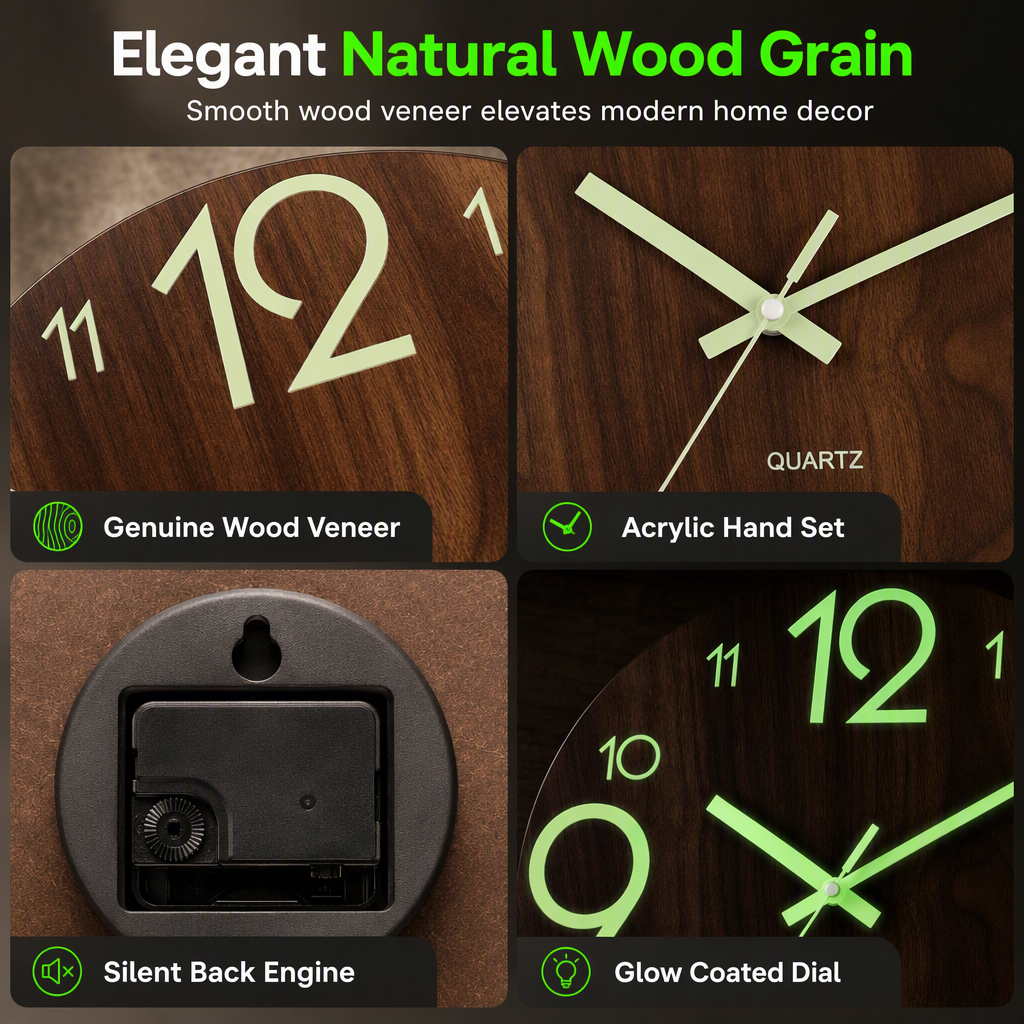 ⏳🔥LIMITED-TIME 50% OFF! ⏰12-Inch Silent Wooden Wall Clock – Luminous Glow & MDF Wood Grain✨
